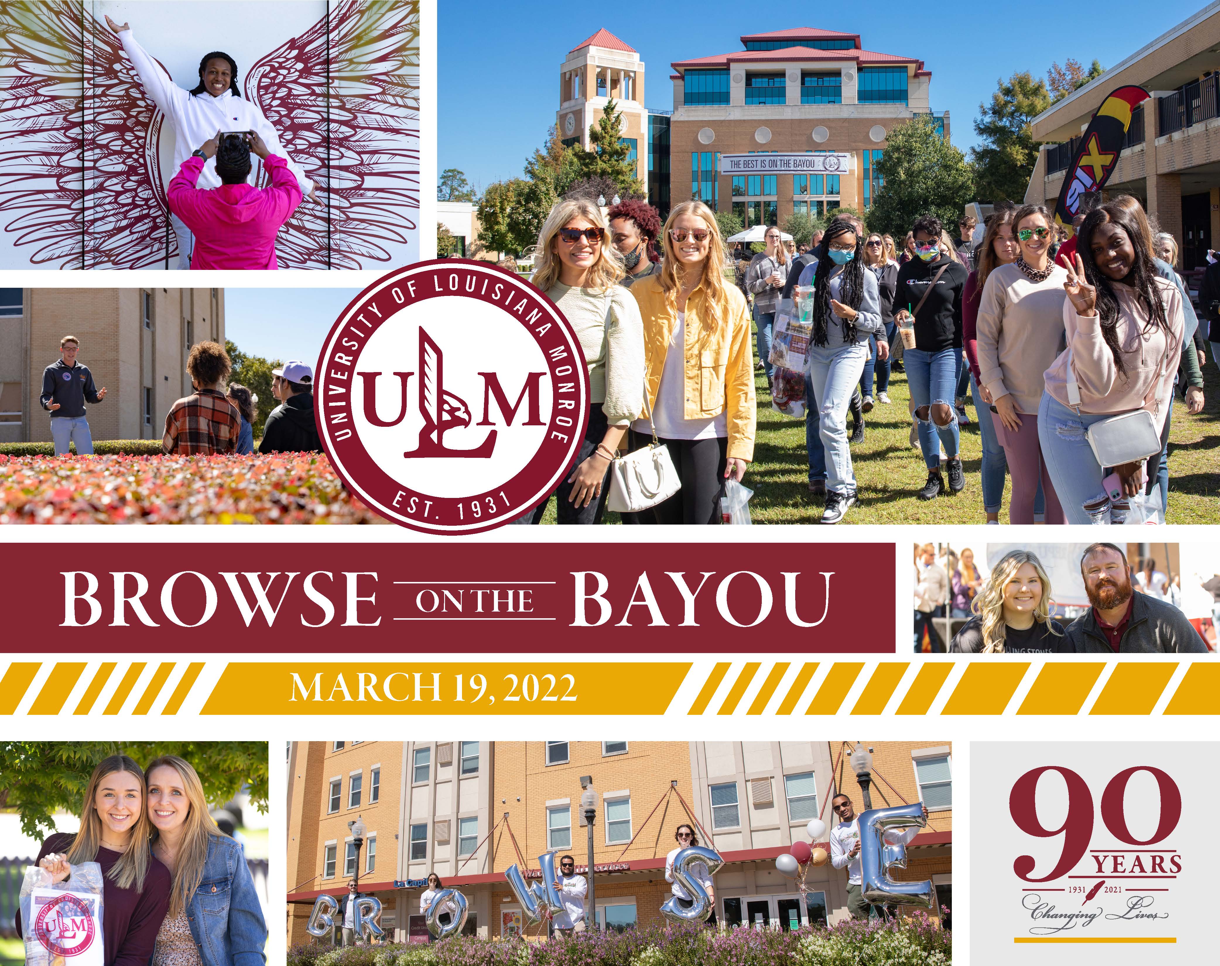 A collage of images from past Browse on the Bayou events, including a tour guide talking to a group, students exploring the Student Organization Fair, a woman taking a photo of a girl posing in front of a hawk wing mural