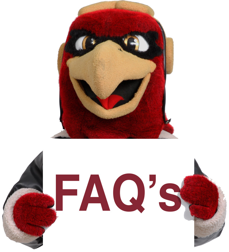 Ace the Warhawk with a sign that reads FAQs