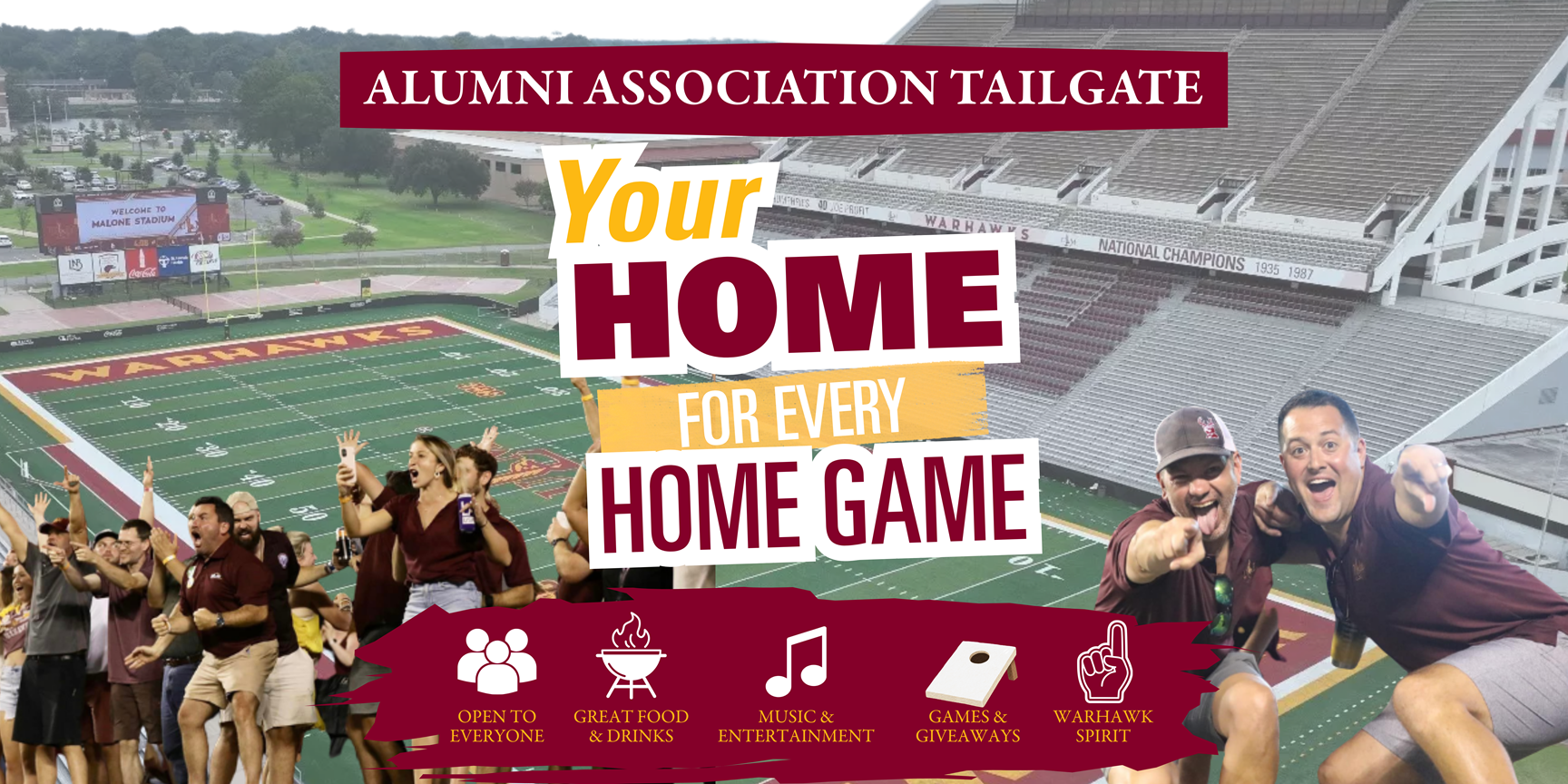 Promotional graphic for ULM tailgating featuring photos of the crowd cheering, the football field, and two fans excitedly pointing towards the camera with "Your Home For Every Home Game" as the main text.
