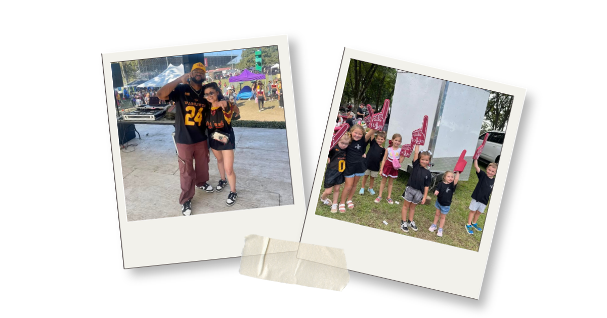 two photos- one with two adult alum at pecan grove, one with children with the foam fingers