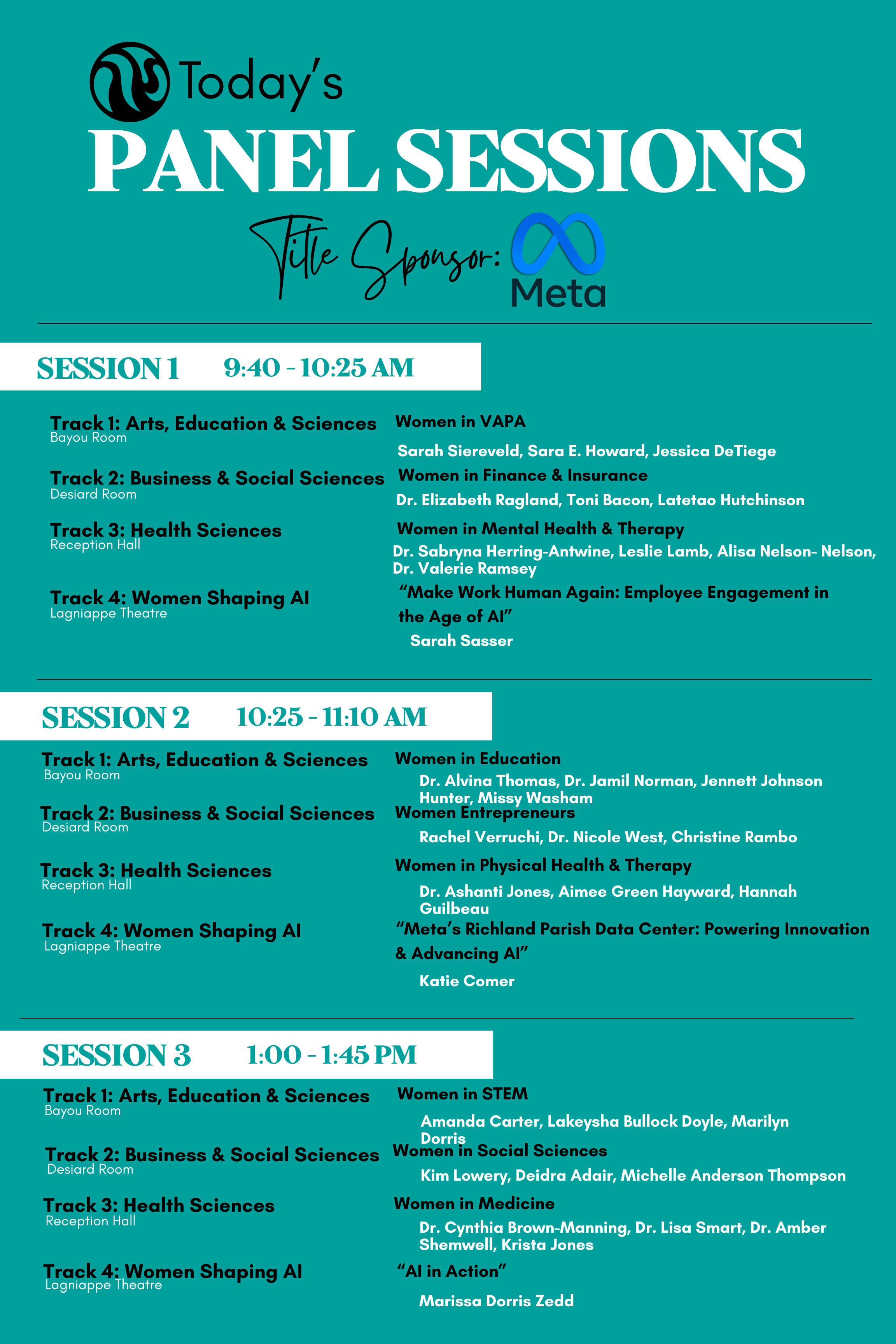 Graphic of the 2026 Women's Symposium Session Speakers, Times and Locations