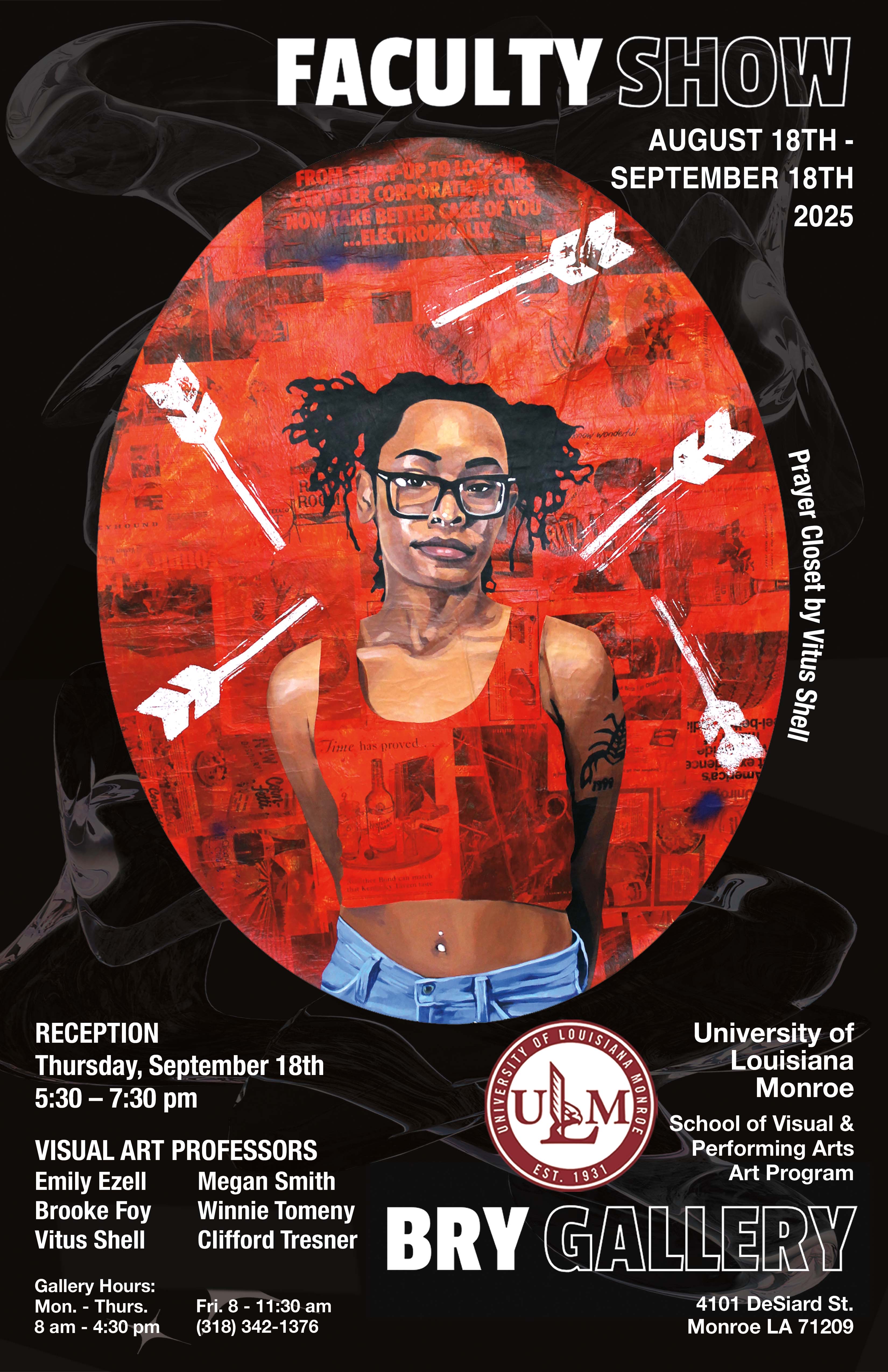 2025 Faculty Art Show Poster, A person wearing a red shirt and glasses on a red background