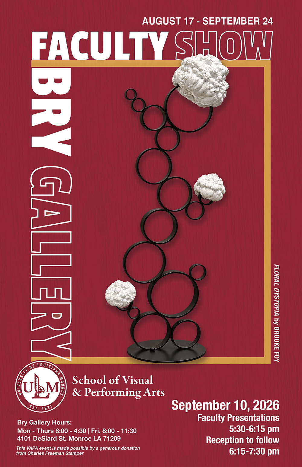 2026 Faculty Art Exhibition poster, a metal ring sculpture is pictured on a red background.