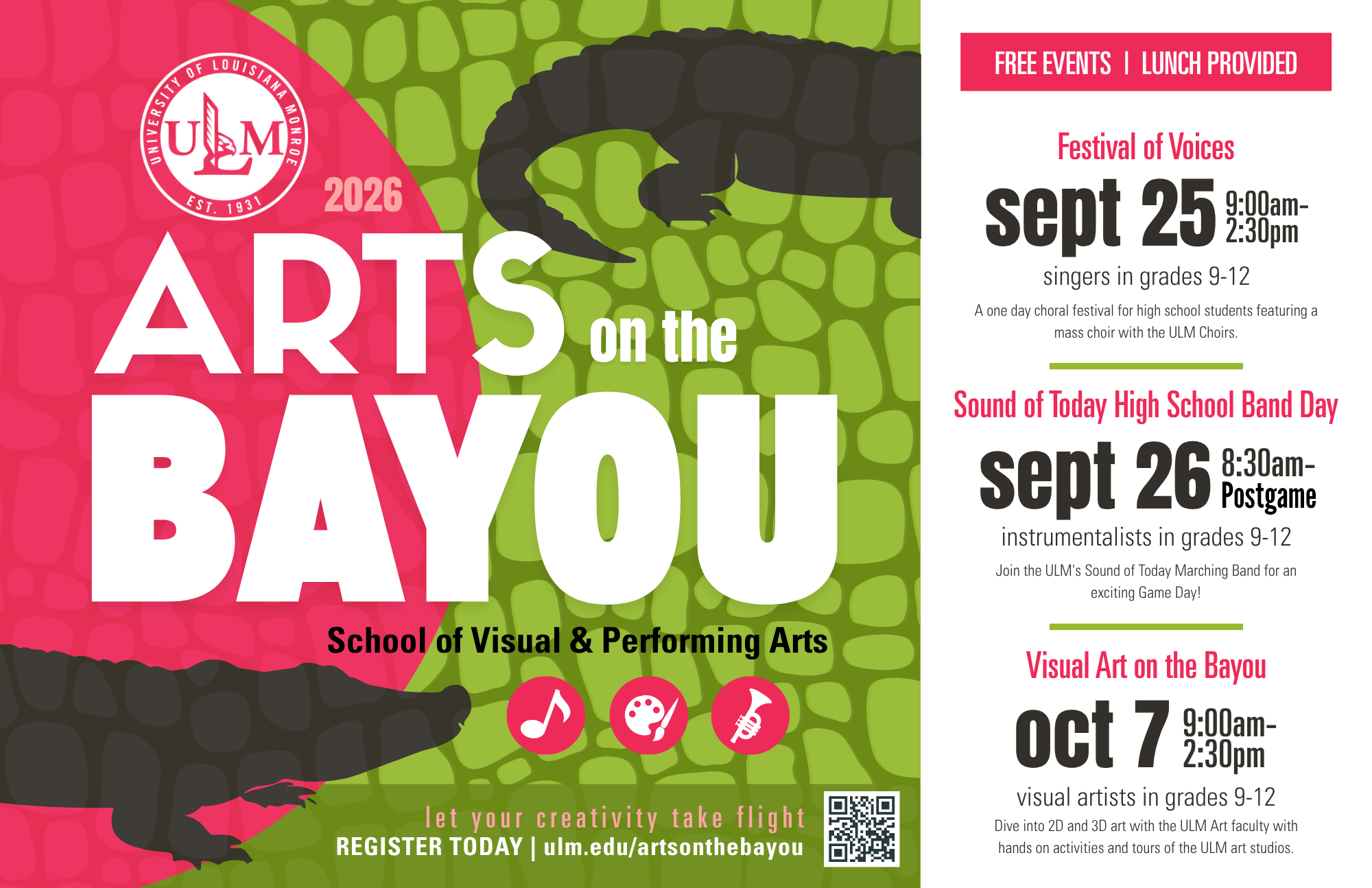Arts on the Bayou Poster: Arts on the Bayou is September 25 for Singers in grades 9-12, October 7 for Visual Art students in grades 9-12, and September 26th for instrumentalists in grades 9-12. Visit ulm.edu/artsonthebayou.com for registration and more information. Arts on the Bayou Poster: Arts on the Bayou is September 25 for Singers in grades 9-12, October 7 for Visual Art students in grades 9-12, and September 26th for instrumentalists in grades 9-12. Visit ulm.edu/artsonthebayou.com for registration and more information.