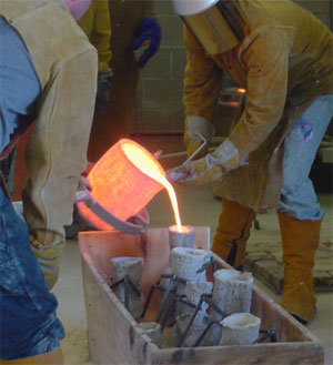 Two sculptors wearing protective gear are casting molten metal by pouring it into forms.