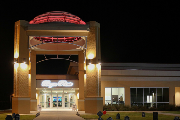 outside night time with dome entrance lit up