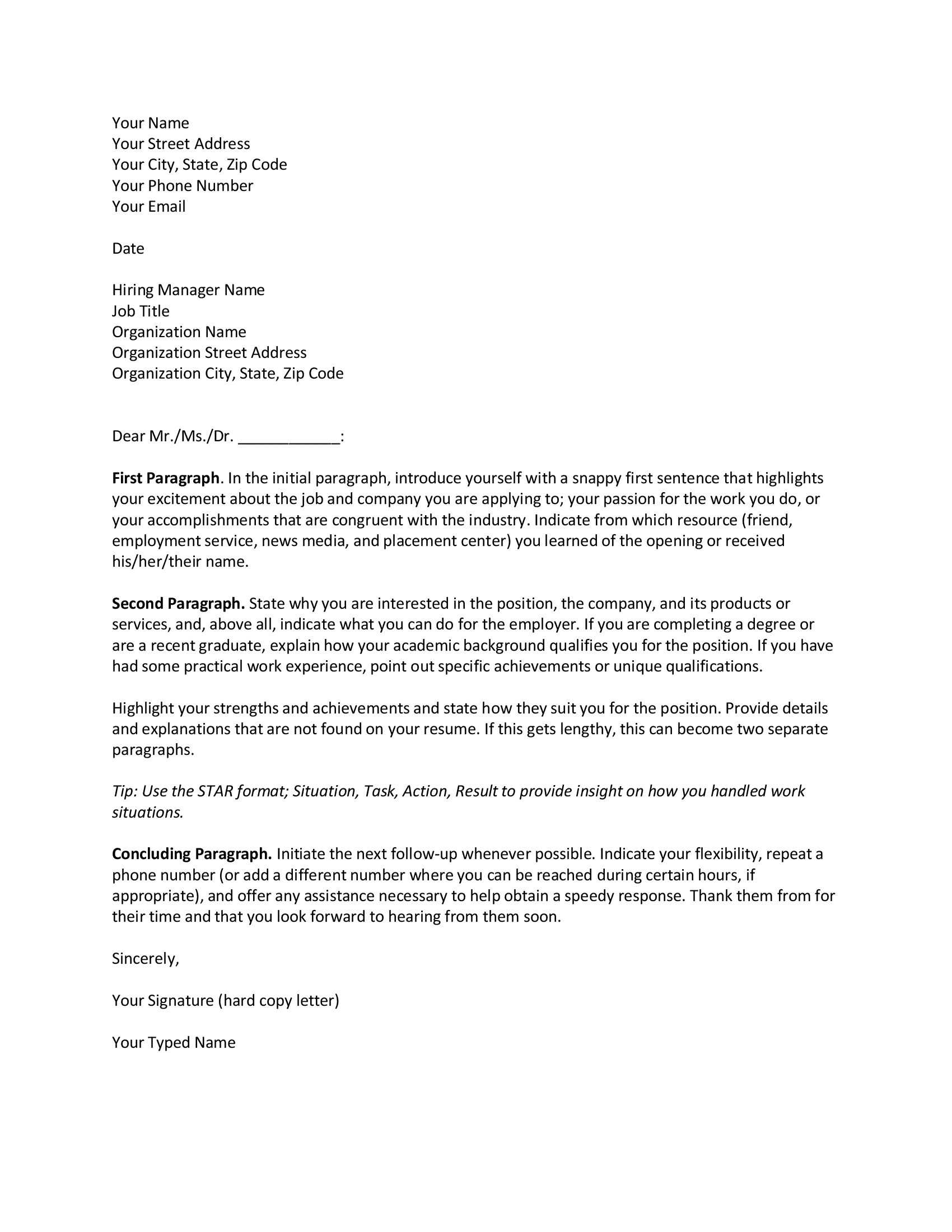 cover letter date and place