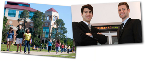 students walking on campus and also in front of the Business office