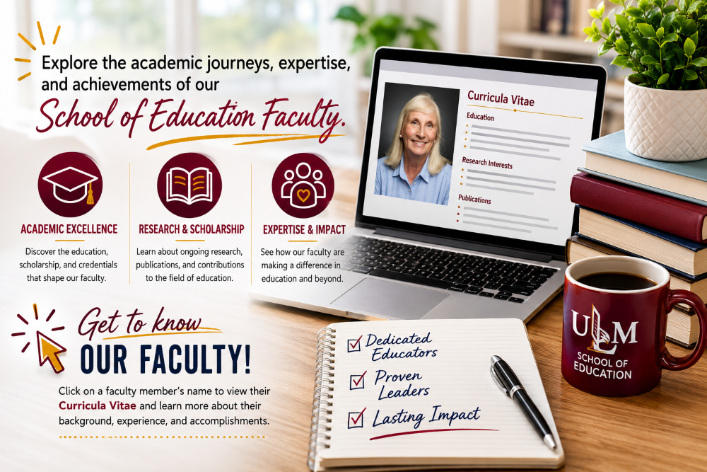 curricula vitae a promotional graphic for the University of Louisiana Monroe School of Education faculty, featuring a laptop displaying a curriculum vitae