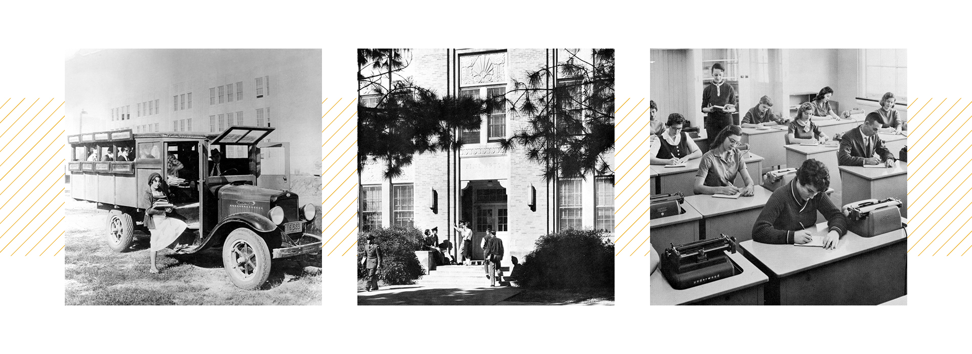 Humble Beginnings Triptych of three archival black-and-white photos showing historical campus scenes: a vintage bus with passengers, an entrance to a brick university building with students, and a classroom full of students working at typing desks.