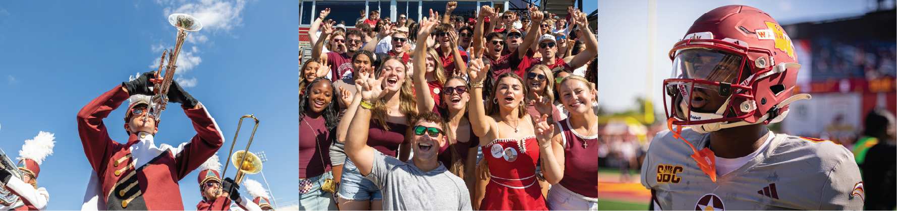 Homecoming 2026 Banner ULM band member playing trumpet, students in maroon shirts cheer at a football game, football player on field