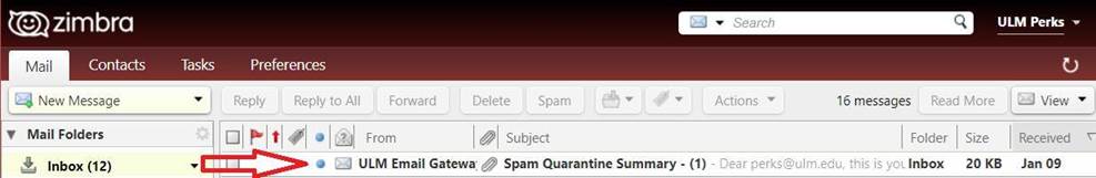 screenshot showing SPAM Quarrantine in Inbox