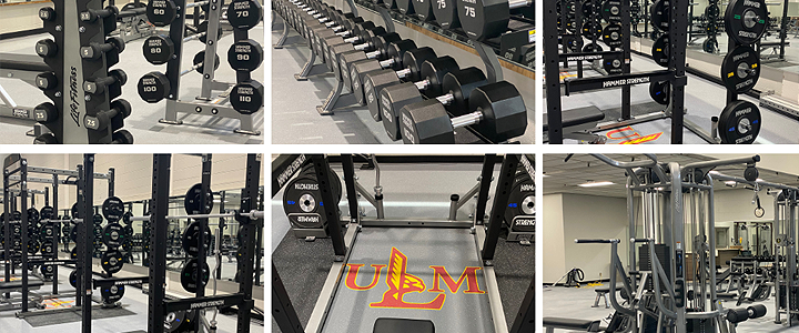 Activity Center Weight Room collage of free weights, racks, and work out stations