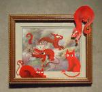 Title: Red Imps Invading a Thrift Store Painting