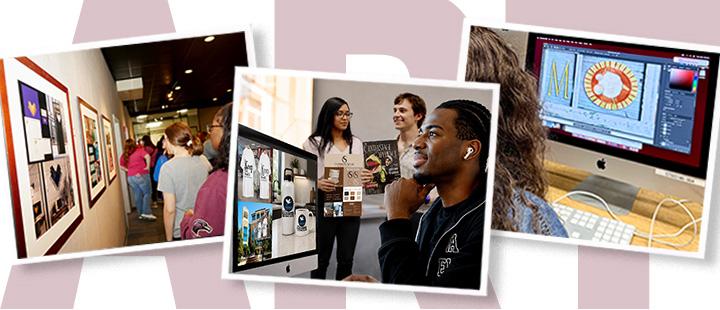 #slide3 Students create brand identities and promotional mockups using professional digital tools; attending the faculty art exhibition.