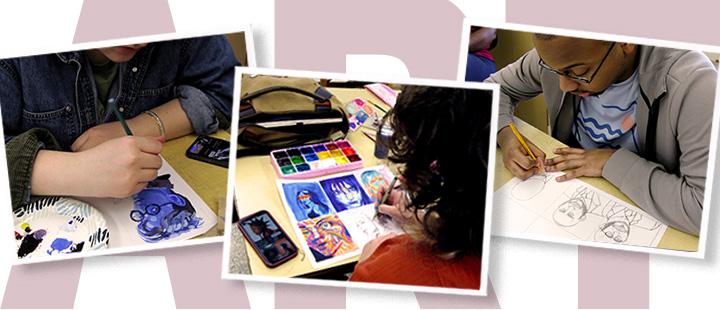 Art students combine pen sketching and vivid paints to create expressive illustrations in a classroom studio session. 