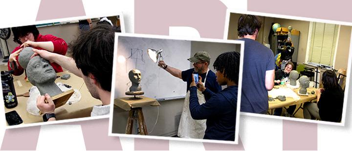 #slide3 Students actively mold and analyze clay head busts in a hands-on studio art lesson.