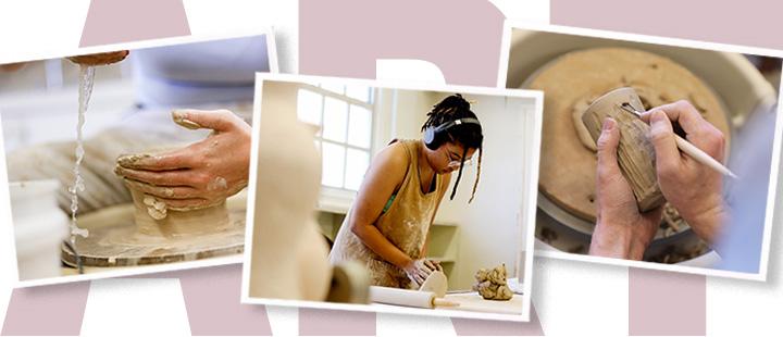 #slide1 Art students focus on foundational techniques in the ceramics lab by throwing clay on the wheel, and carving intricate textures into their pottery.