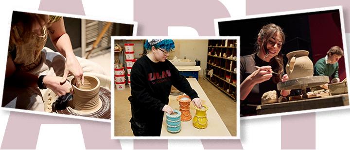#slide2 Art students practice throwing on the pottery wheel; the student inspecting the award-winning ceramics in the studio.