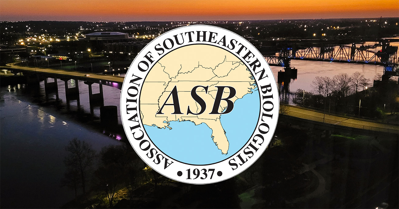 Association of Southeastern Biologists logo over an image of a bridge and river at dusk.