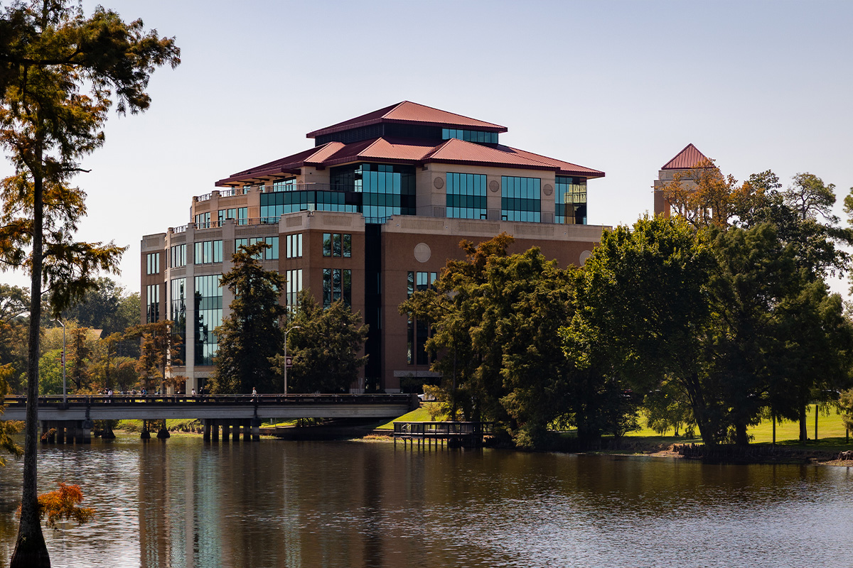 ULM Library with Bayou Desiard in the foreground.
