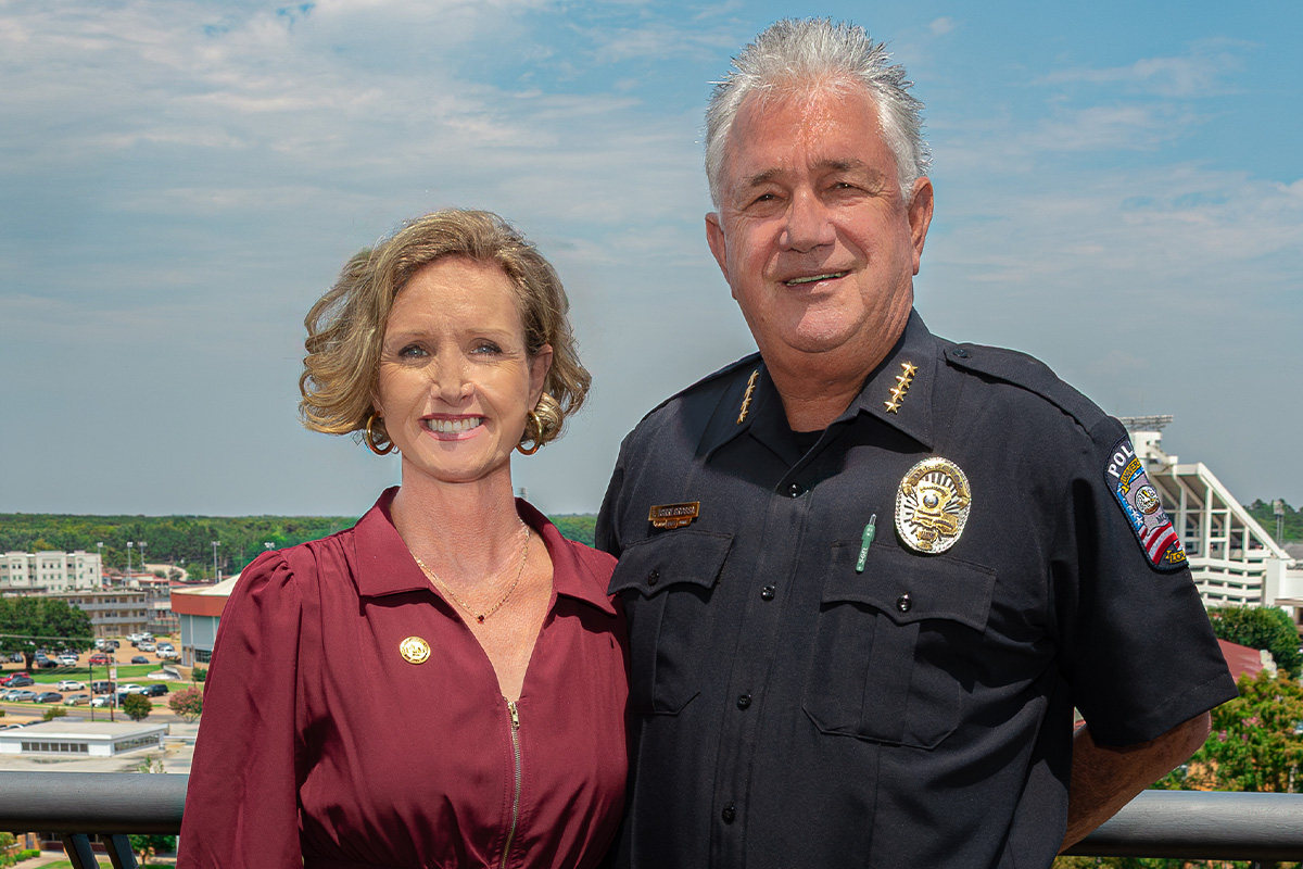 ULM President Dr. Carrie L. Castille (left) congratulates ULM Director of University Police Tom Torregrossa (right) on his appointment as President of the Louisiana Association of Chiefs of Police