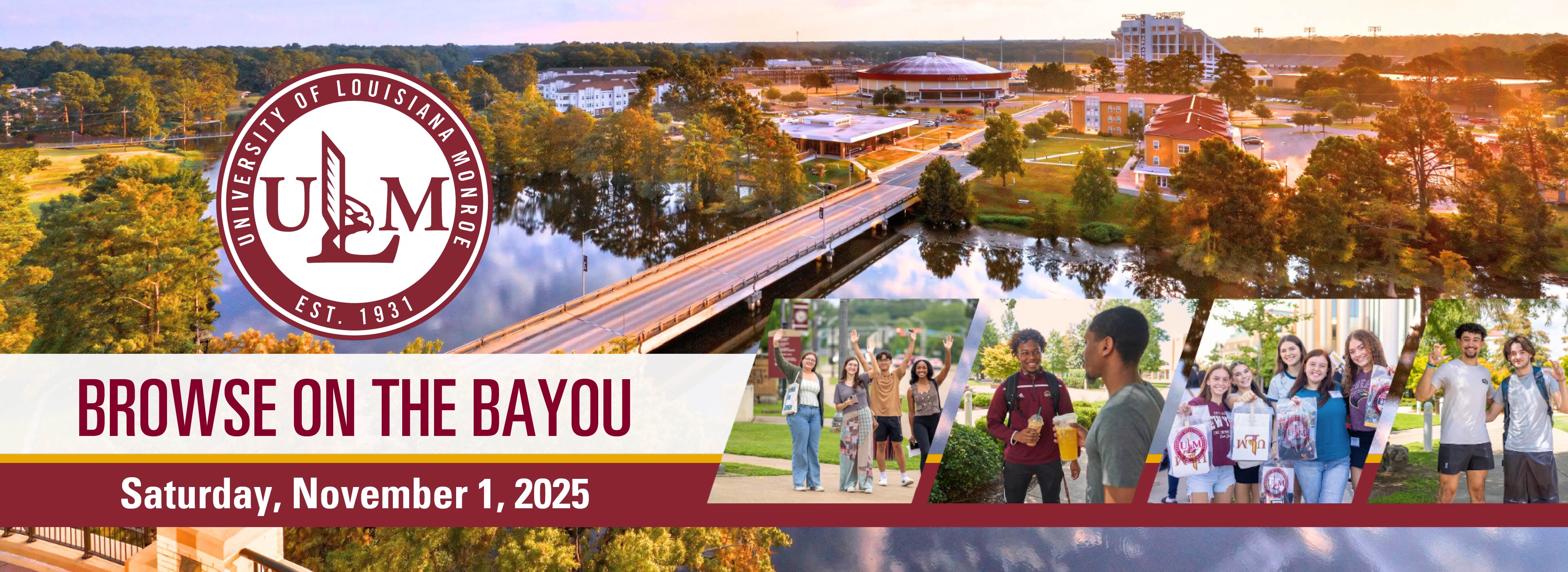 Browse on the Bayou, image of aerial view of campus and bayou with additional images of students on campus