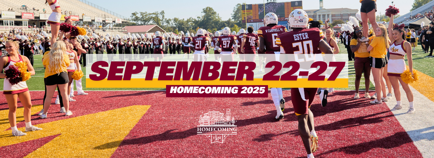 Homecoming Week September 22-27, Image of football players running onto field surrounded by cheerleaders and band