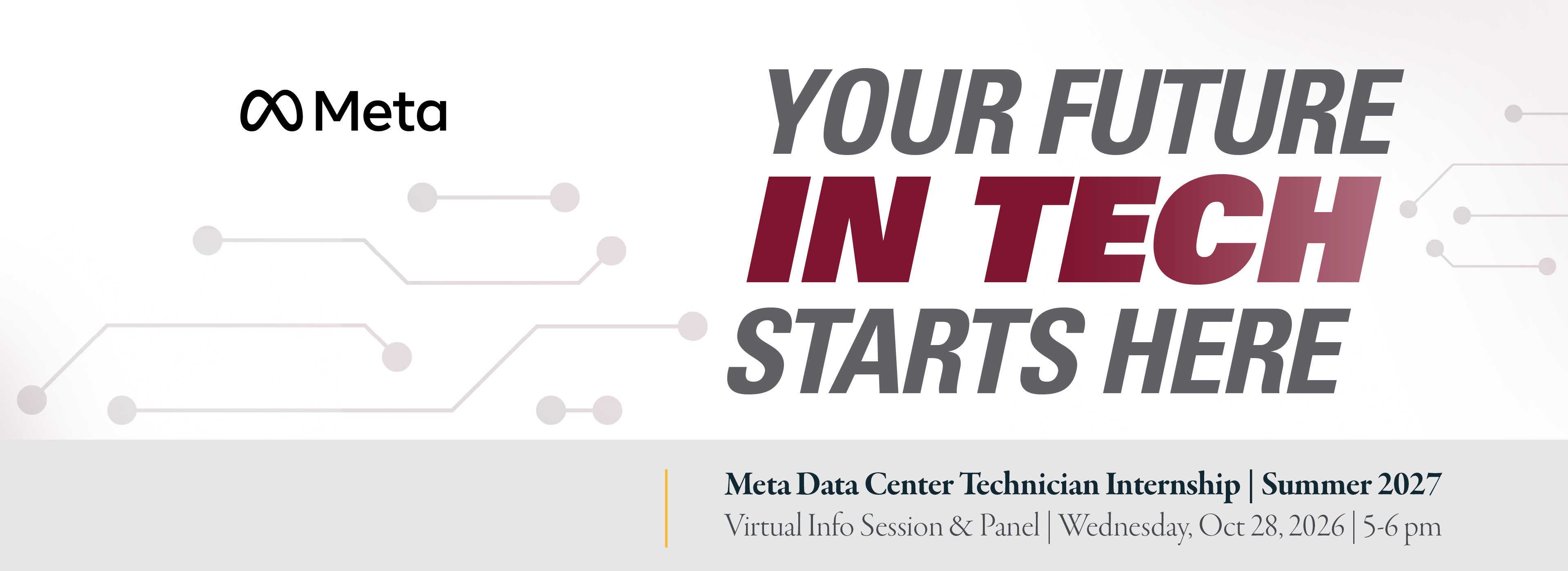 #slide1 Promotional banner with Meta logo and large text “YOUR FUTURE IN TECH STARTS HERE,” plus course details and a red “REGISTER NOW” button on a light background with subtle network graphics.