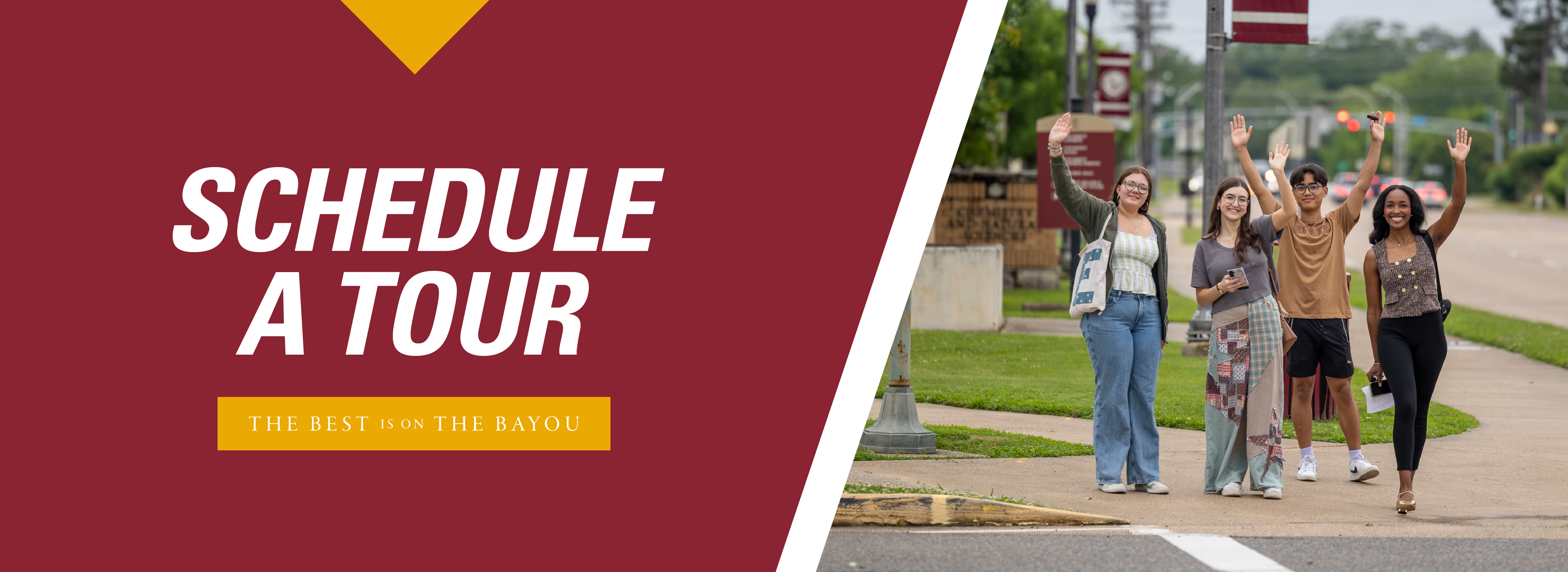 Schedule a Tour, Image of four students smiling and waving at a crosswalk on campus