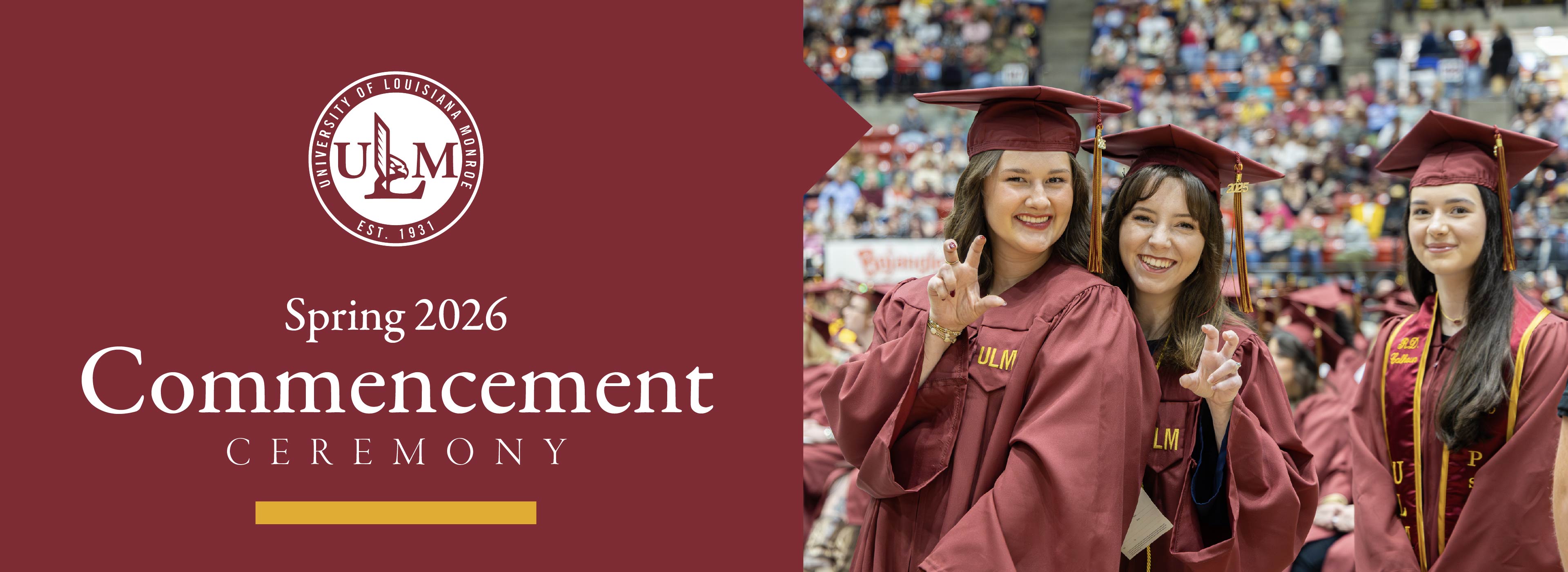 Three female ULM graduates giving "Talons Out" sign with hands during commencement 