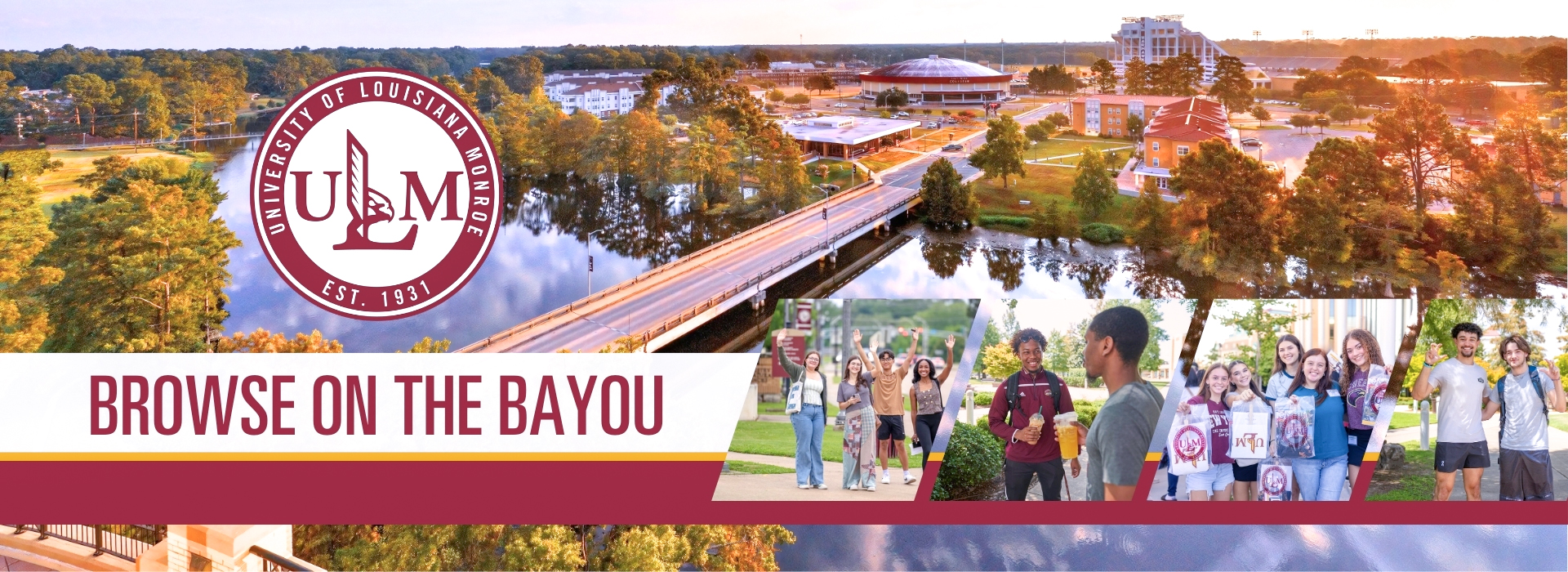 Browse on the Bayou 2026, collage of photos including aerial image of campus with bayou, mother and son visiting campus, group of friends on campus, and two female student leaders giving talons out hand signal