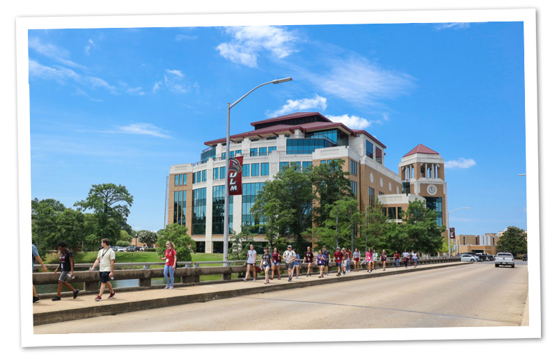 students walking across bridge on sunny campus day
