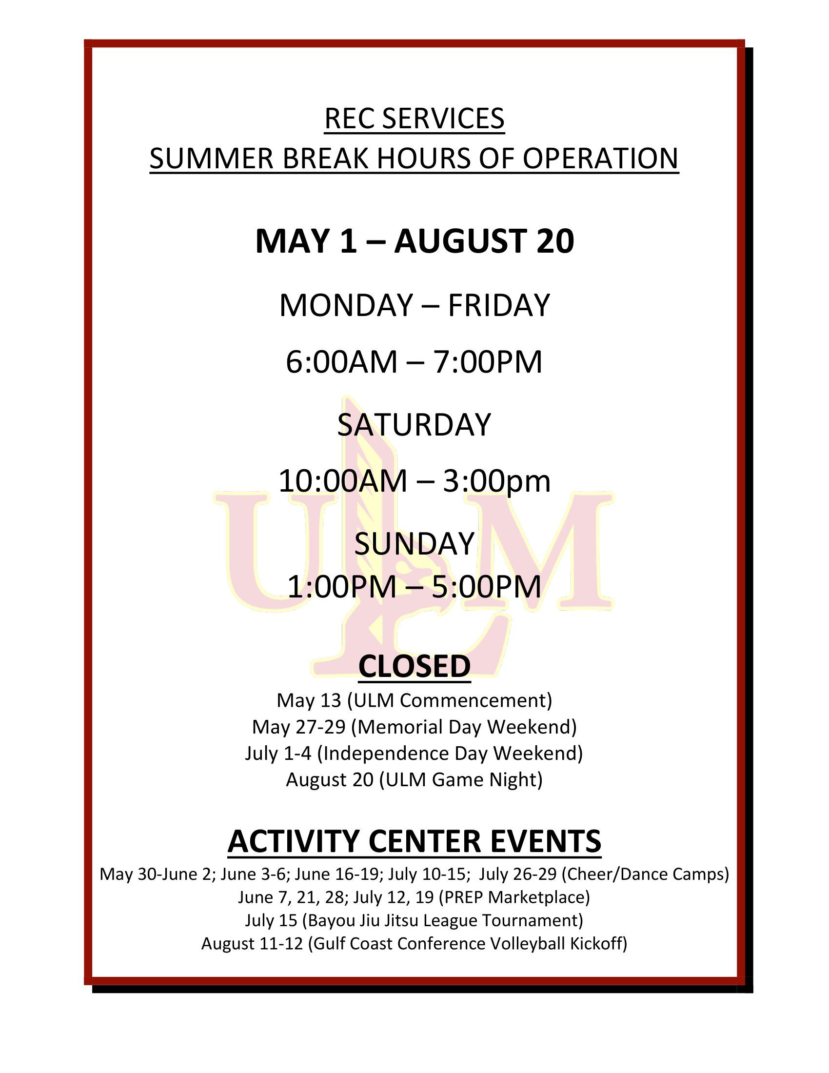 Winter Break Hours of Operation