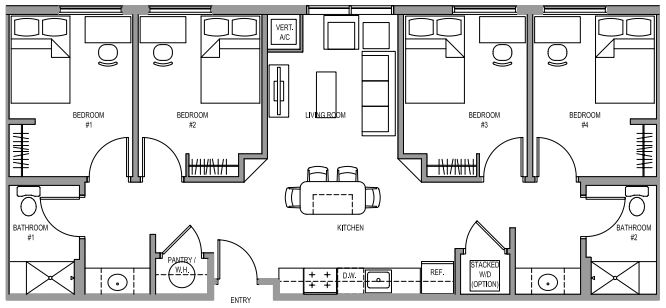 Four-bedroom, two-bath apartment layout with central living room and kitchen, two bedrooms and one bathroom on each side, pantry near entry, and optional stacked washer and dryer.