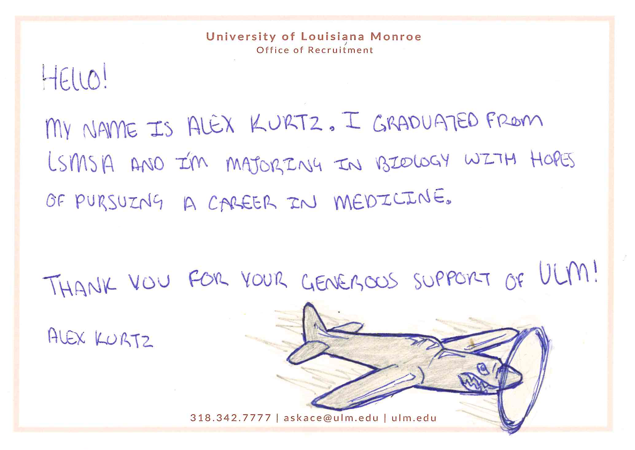 A handwritten note on ULM stationery reads, "Hello! My name is Alex Kurtz. I graduated from LSMSA and I'm majoring in biology with hopes of pursuing a career in medicine. Thank you for your generous support of ULM! Alex Kurtz" A drawn P-40 Warhawk is below the writing.