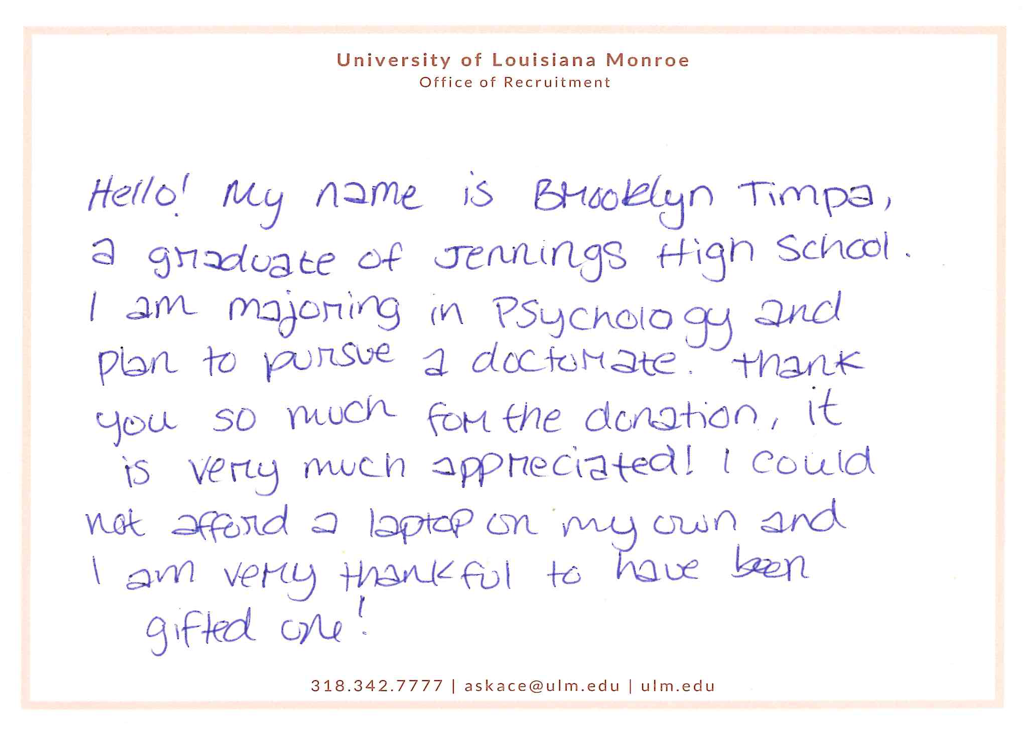 A handwritten note on ULM stationery reads, "Hello! My name is Brooklyn Timpa, a graduate of Jennings High School. I am majoring in Psychology and plan to pursue a doctorate. Thank you so much for the donation. It is very much appreciated! I could not afford a laptop on my own and I am very thankful to have been gifted one!"