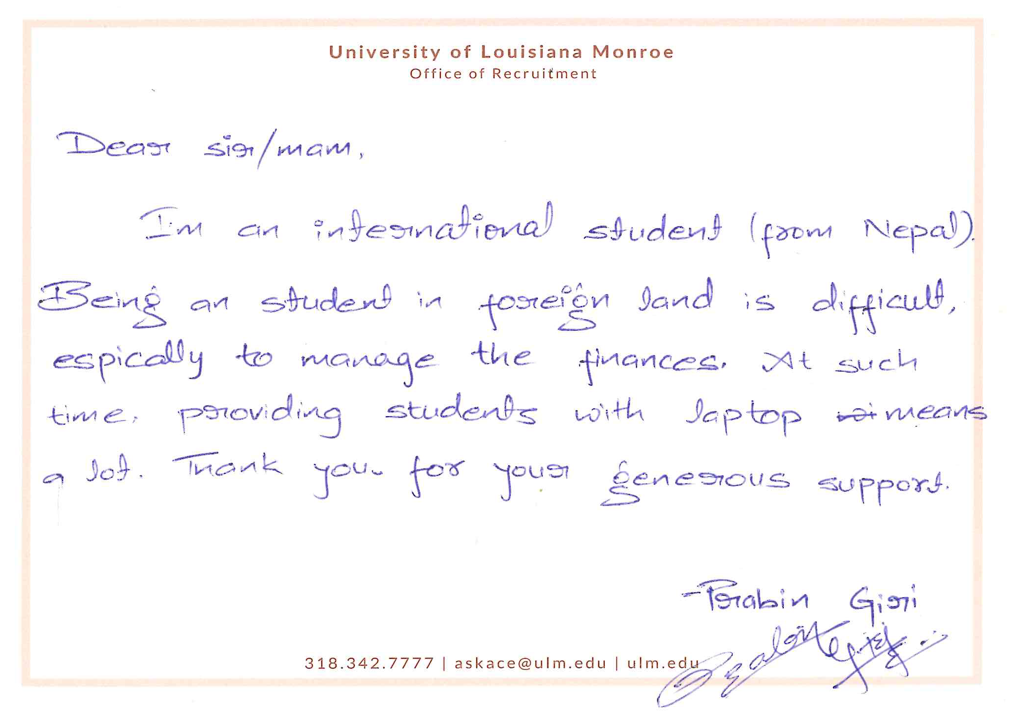 A handwritten note on ULM stationery reads, "Dear sir/mam, I'm an international student (from Nepal). Being a student in foreign land is difficult, especially to manage the finances. At such time, providing students with laptop means a lot. Thank you for your generous support. -Prabin Giori"