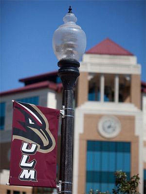 photo of library with ULM banner in foreground