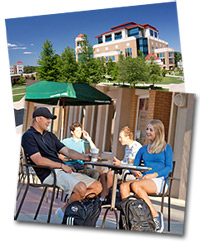 photo of library and students sitting outside at table