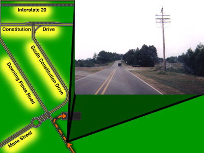 Map: Downing Pines Road approach from south